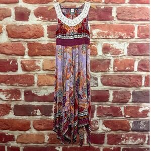 Bila Dress Women's S Multicolor Boho Floral Handkerchief Hem Crochet Neck Casual